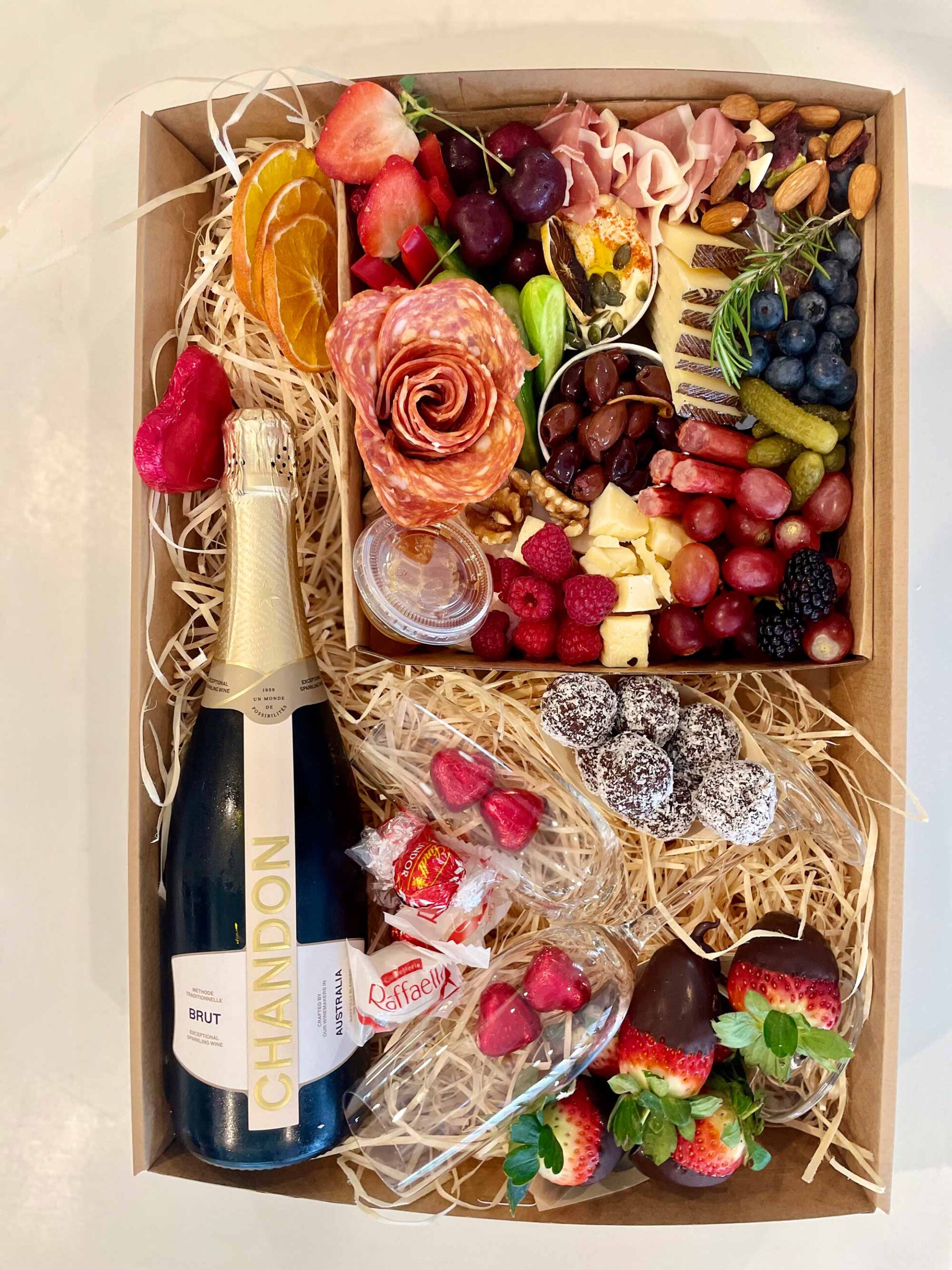 Date Night Grazing Box, a deluxe hamper ready to enjoy grazing with someone special. Made with love by Platters By The Sea.